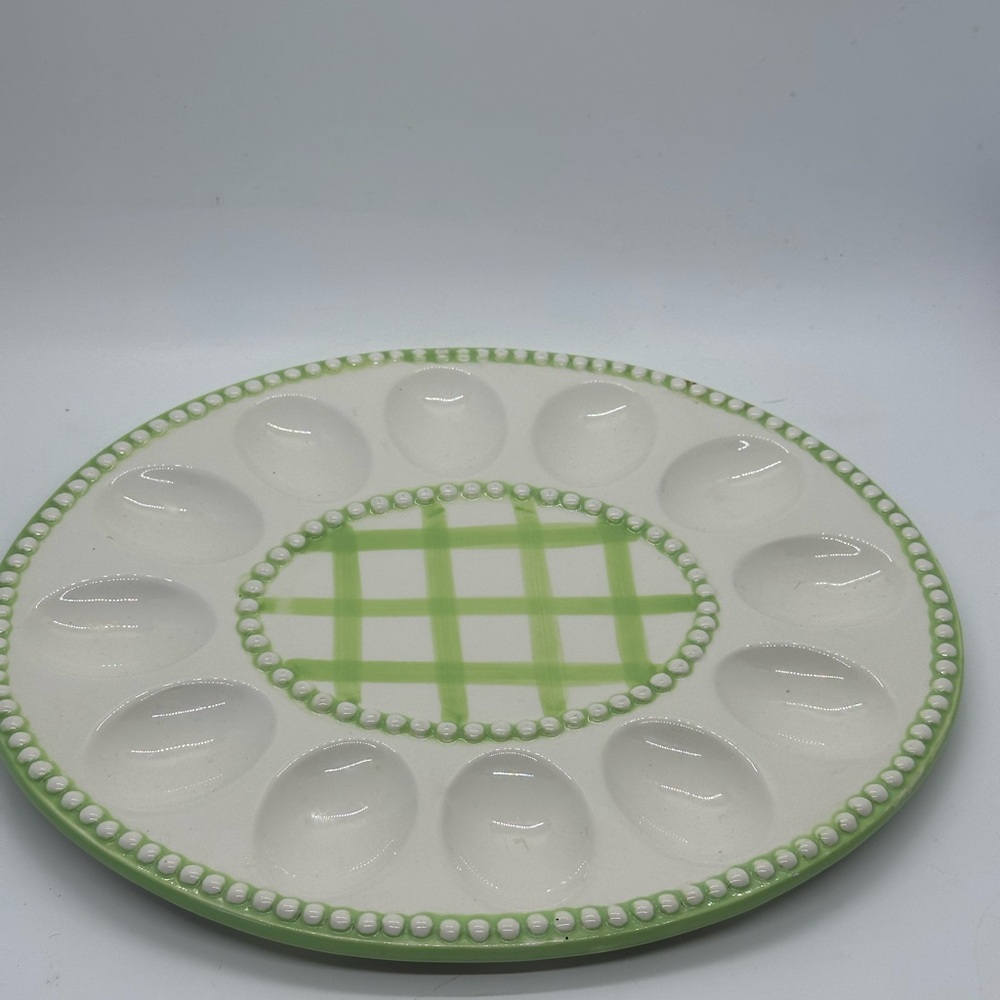 Kmart Green Checked Ceramic Deviled Egg Platter